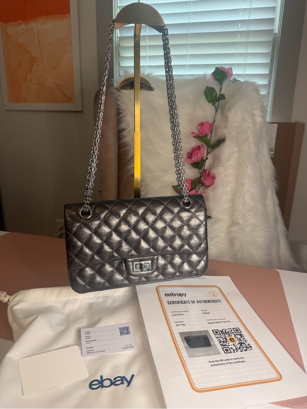 CHANEL 225 Reissue 2.55 Metallic Charcoal Calfskin Double Flap Bag Double COA